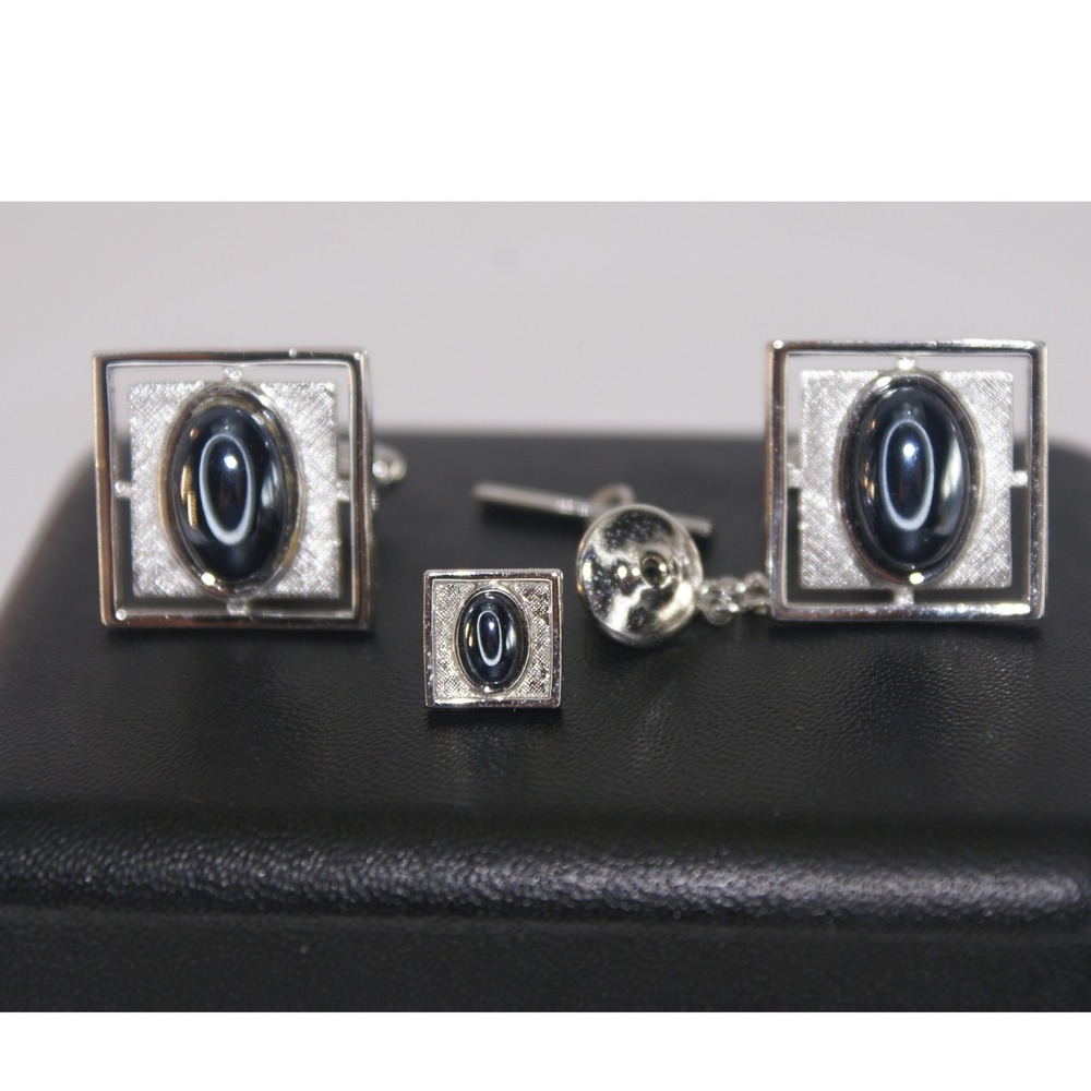 Vintage Sears Collectors Choice Mens Cufflinks & Tie Tac Silver Tone Black Stone